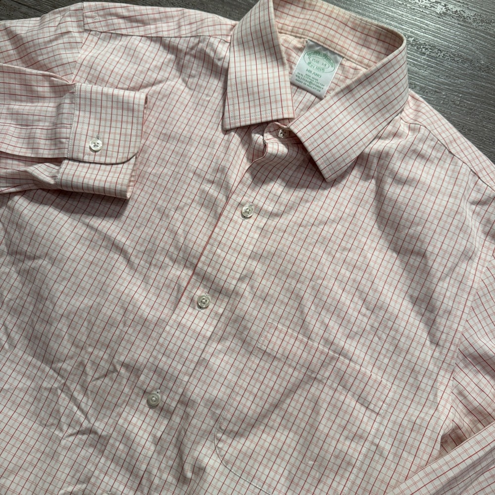 Brooks Brothers Shirt Mens 15.5 34 Red White Supima Cotton Milano Non Iron Slim
